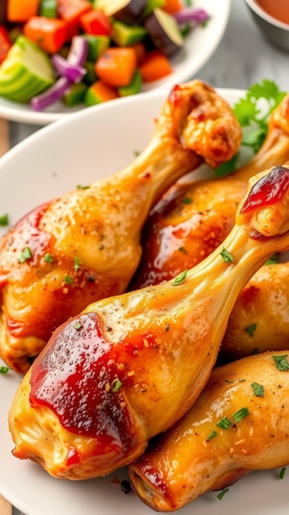 Golden-brown oven-baked chicken drumsticks garnished with herbs on a plate with dipping sauce.